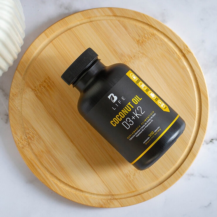 B Life Aceite de Coco, Vitamina D3 y K2 Frasco con 300 Cápsulas de Gel