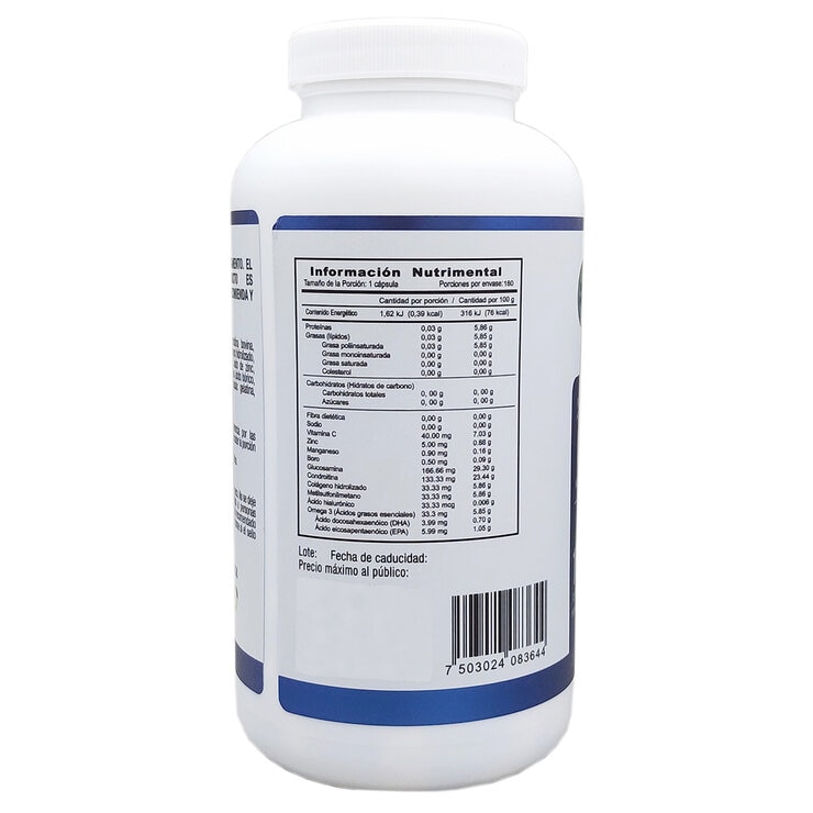 JustFX Glucosamina Condroitina, Ácido Hialurónico, Colágeo, Zinc y Boro Frasco de 180 Cápsulas