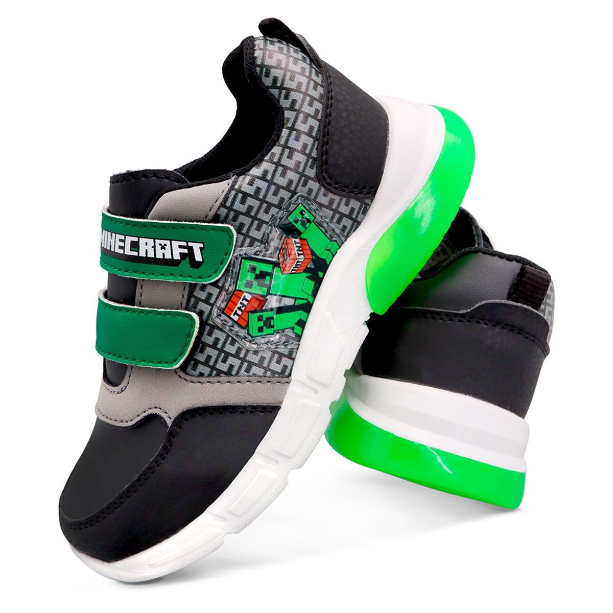 Minecraft Creeper, Tenis Original con Luces, Color Negro-Verde para Niño, Varias Tallas