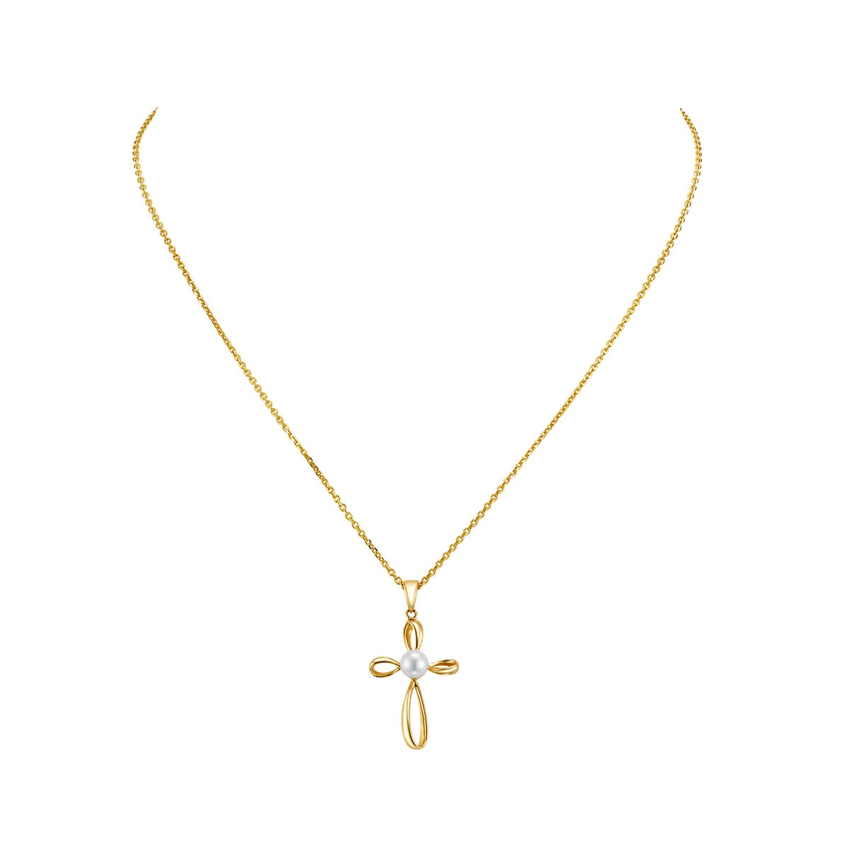 Collar con Dije de Cruz con Perla, Oro Amarillo de 14K