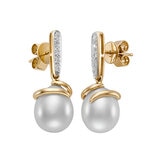 Aretes de Perlas Cultivadas, 9-10mm, con Diamantes .08ctw, Oro Dos Tonos de 14K