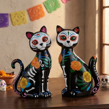Gatos Decorativos de Día de Muertos, Juego de 2 Pzas. Gatos Decorativos de Día de Muertos, Juego de 2 Pzas.