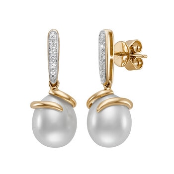 Aretes de Perlas Cultivadas, 9-10mm, con Diamantes .08ctw, Oro Dos Tonos de 14K