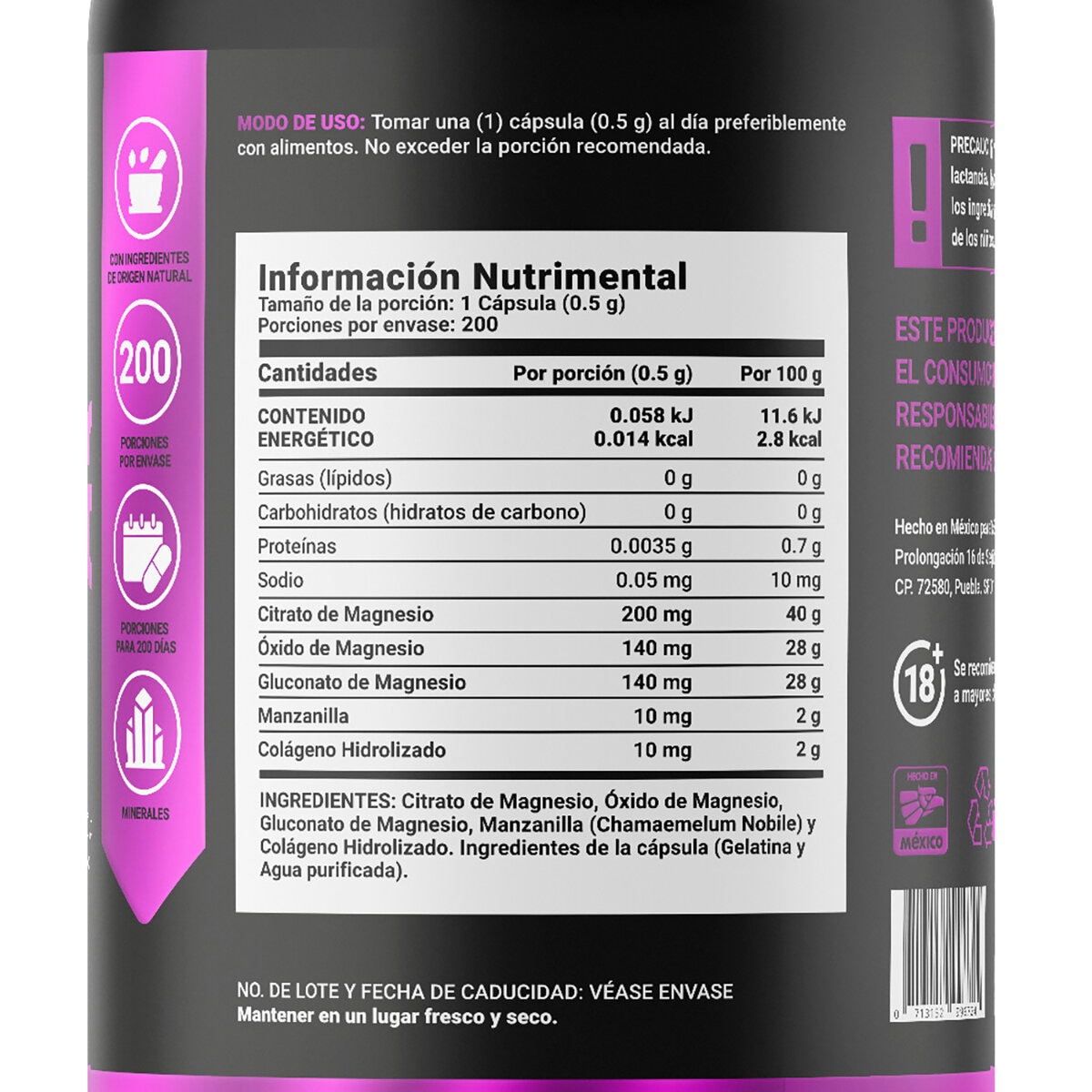 B Life Mezcla de Magnesios, Citrato de Magnesio, Oxido de Magnesio, Gluconato de Magnesio Frasco con 200 Cápsulas
