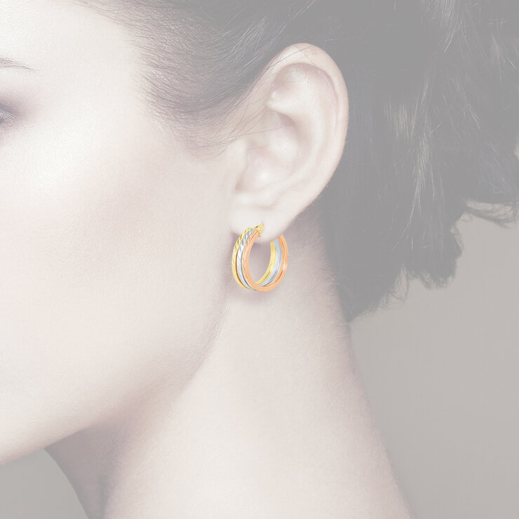 Aretes de Triple Fila, Oro Tricolor de 14K