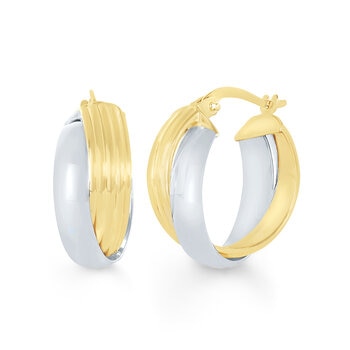 Aretes, Arracadas de Doble Fila, Oro Dos Tonos de 14K