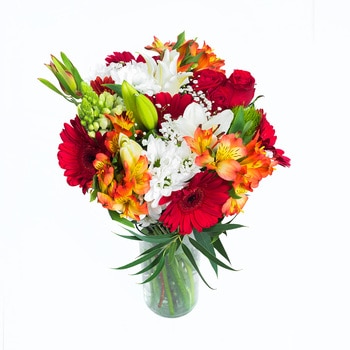 Chiltepec, Bouquet Mixto en Tonos Rojos y Blancos en Florero de Vidrio Chiltepec, Bouquet Mixto en Tonos Rojos y Blancos en Florero de Vidrio