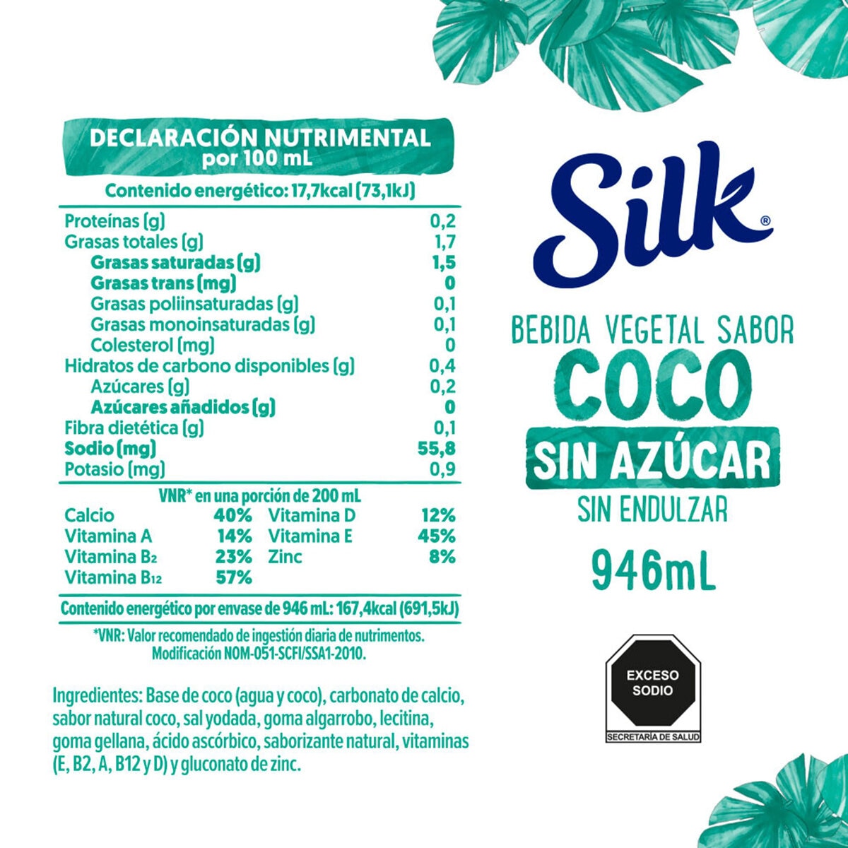 Silk Bebida Vegetal Sabor Coco Sin Azúcar 6 pzs de 946 ml