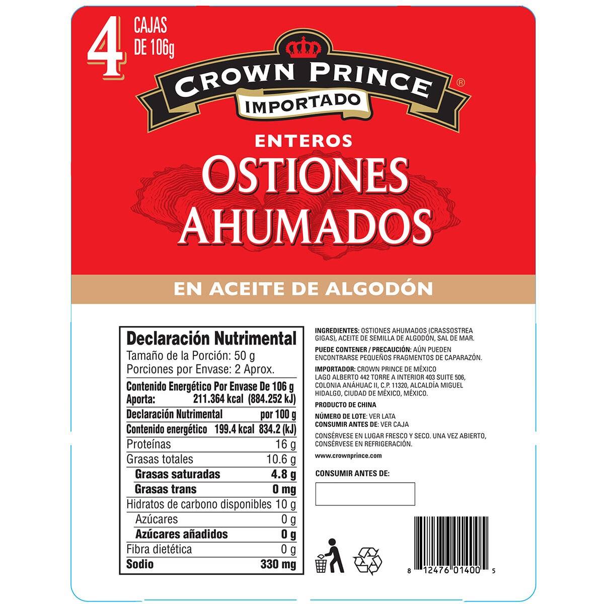 Crown Prince Ostiones Ahumados 4 pzs de 106 g