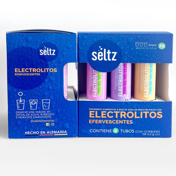 Seltz Electrolitos 6 Tubos de 13 Tabletas Efervescentes c/u Sabor Uva, Naranja y Fresa