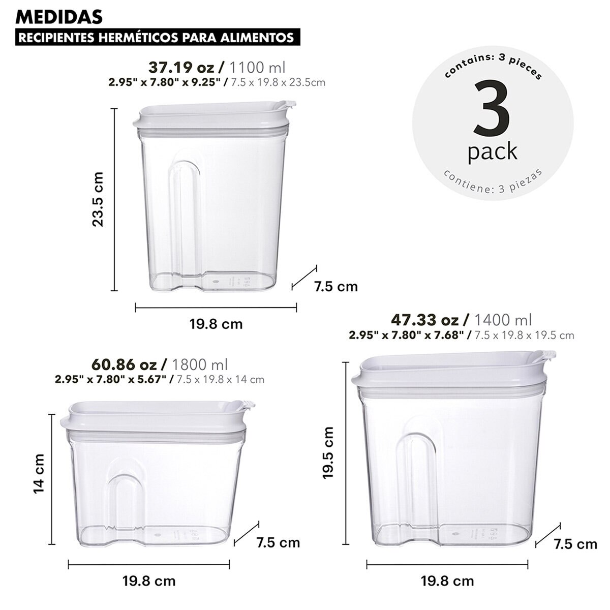 AG Box, Set de 3 Contenedores Cerealeros Chicos, Herméticos