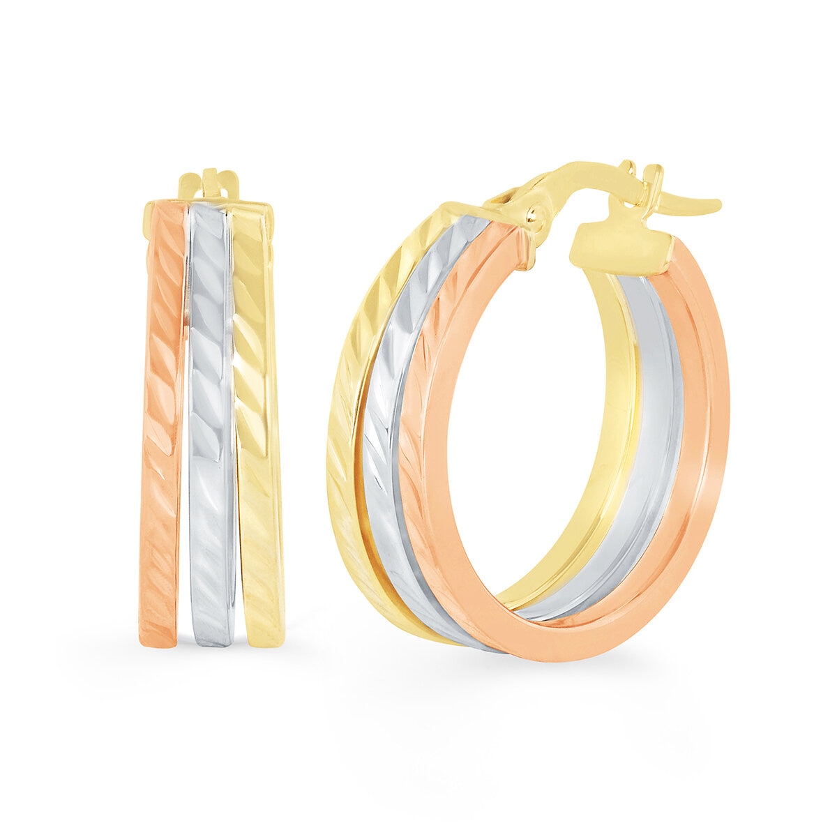 Aretes de Triple Fila, Oro Tricolor de 14K