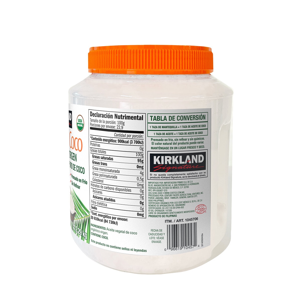 Kirkland Signature Aceite de Coco Virgen Orgánico, prensado en frío sin  refinar, 84 oz.