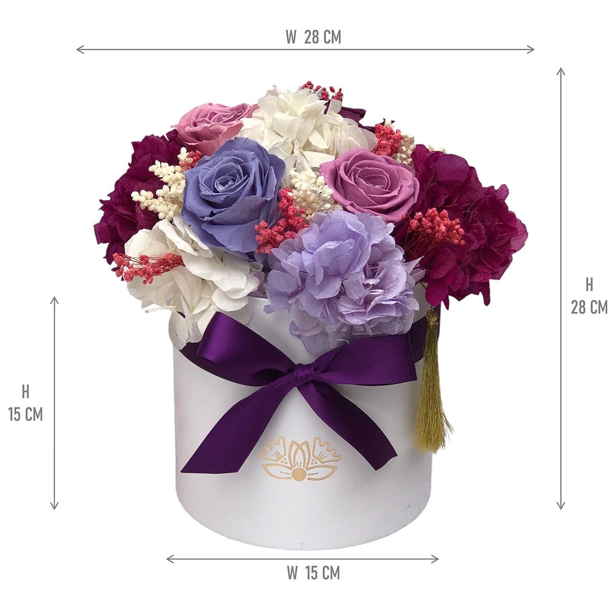 Mina'an Flor Eterna, Bouquet Mix Morado, Caja Blanca, Duración 6 Meses