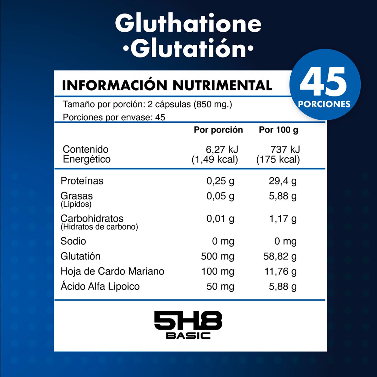 5H8 Glutatión con Cardo Mariano y Ácido Alfa Lipoico 90 Cápsulas