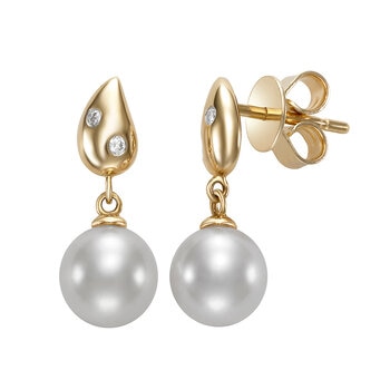 Aretes de Perlas Cultivadas, 7-7.5mm, con Diamantes .04ctw, Oro Amarillo de 14K