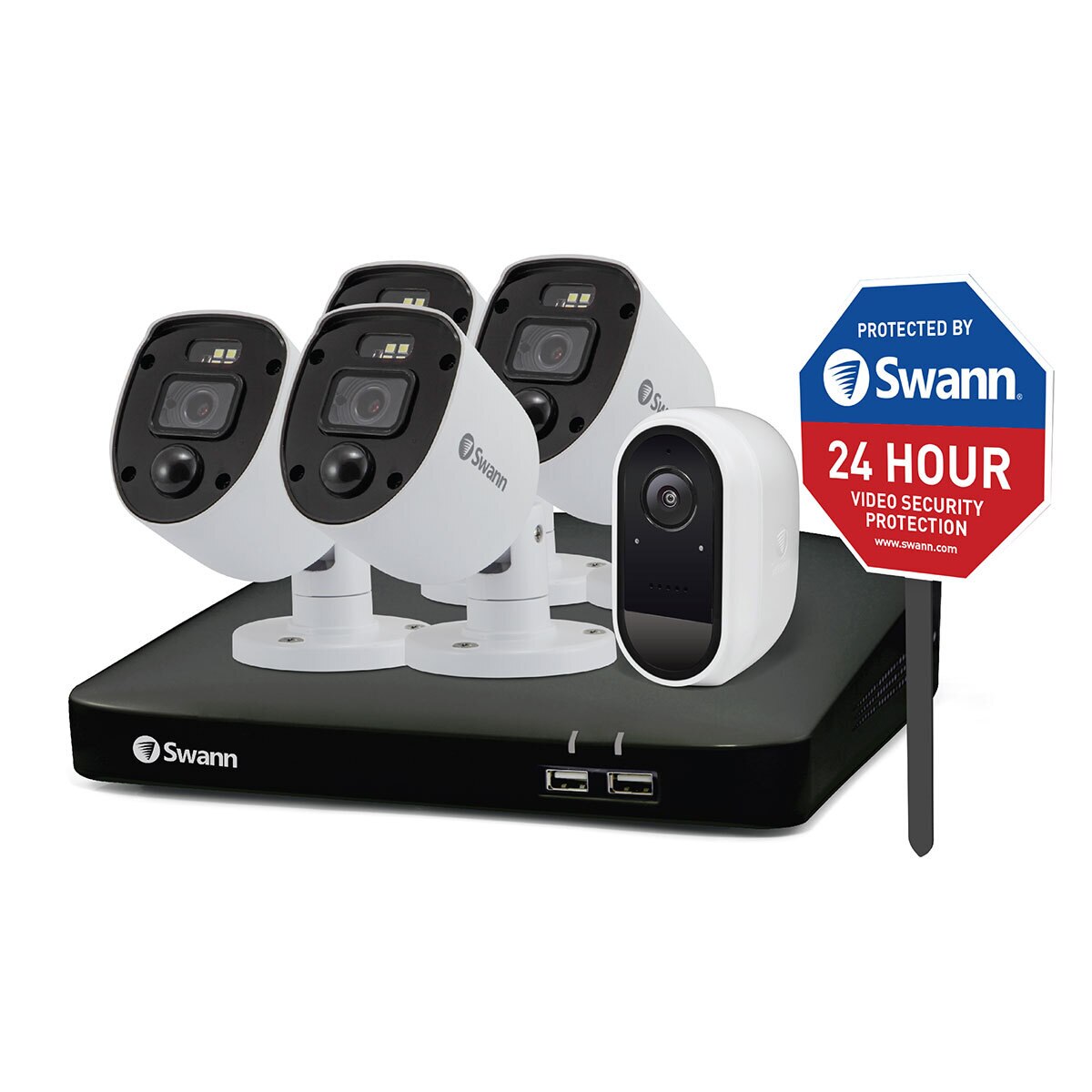Swann Sistema de Seguridad Enforcer™ Bundle: 4 Canales, 4 Camaras 1080p + WIFI Camara de batteria + Yard Stake