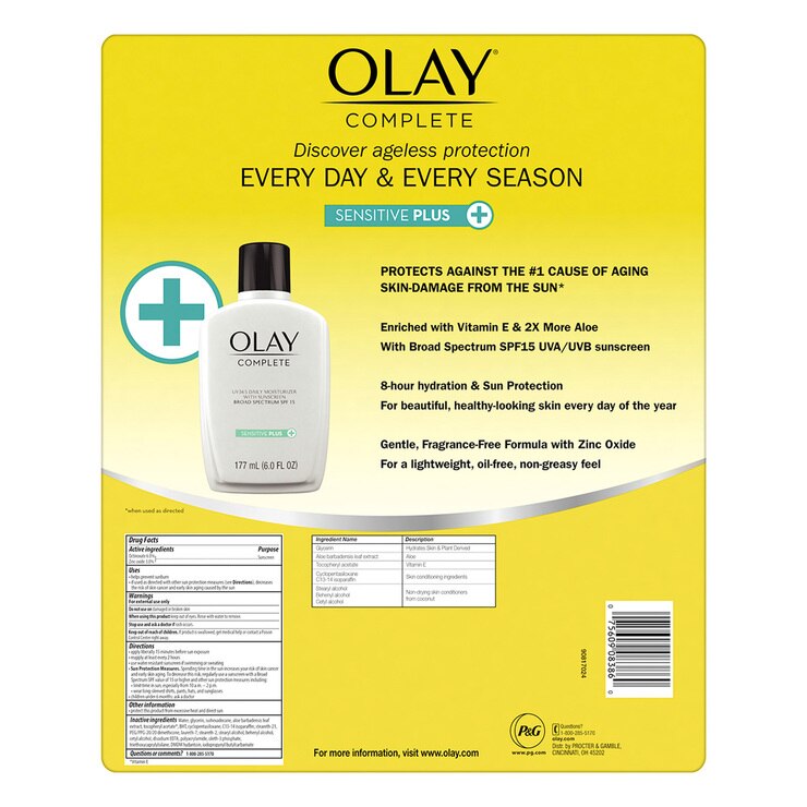 Crema Facial Humectante FPS 15, Olay Complete Sensitive Plus, 2 piezas