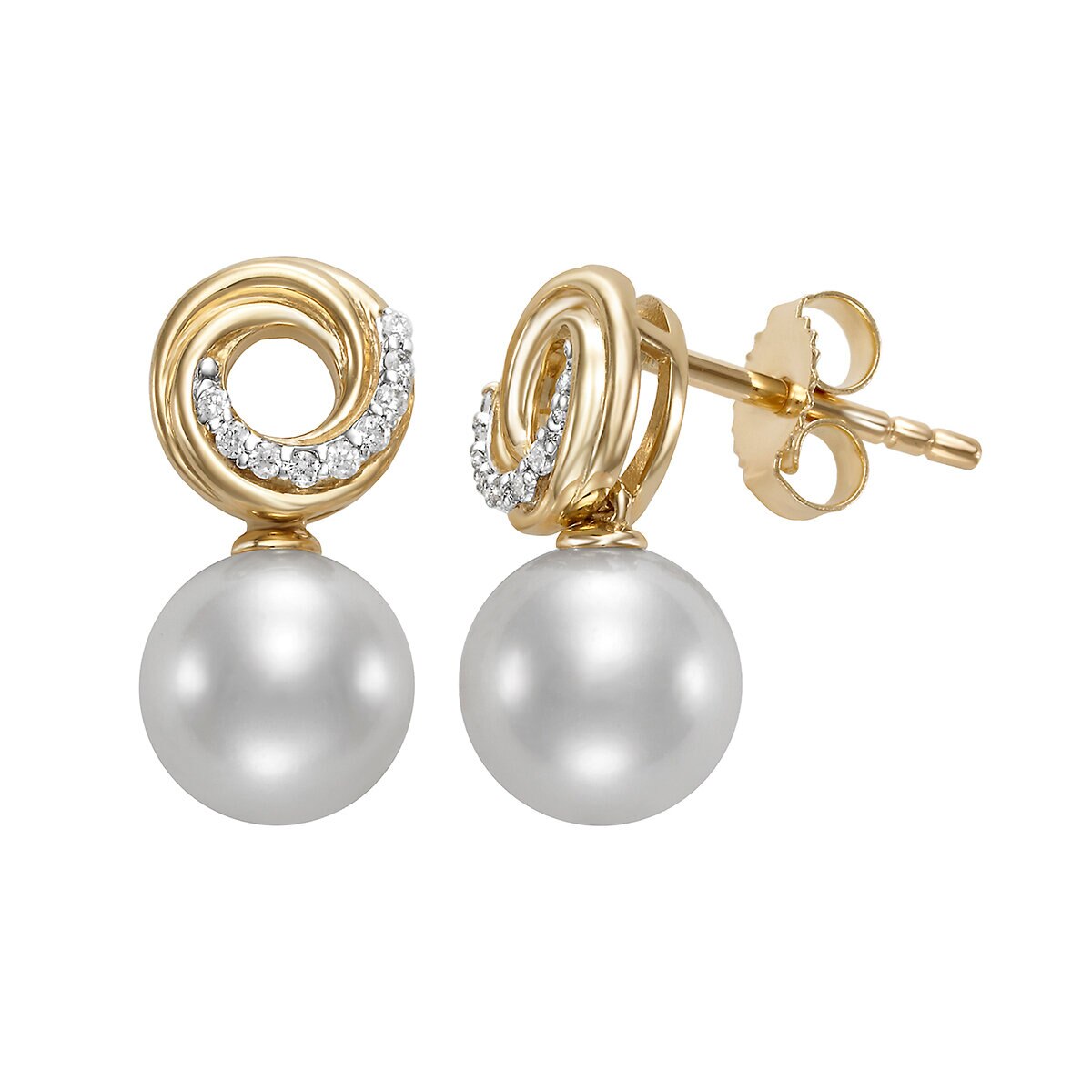Aretes de Perlas Cultivadas, 7.5-8.0mm, con Diamantes .07ctw, Oro Amarillo de 14K