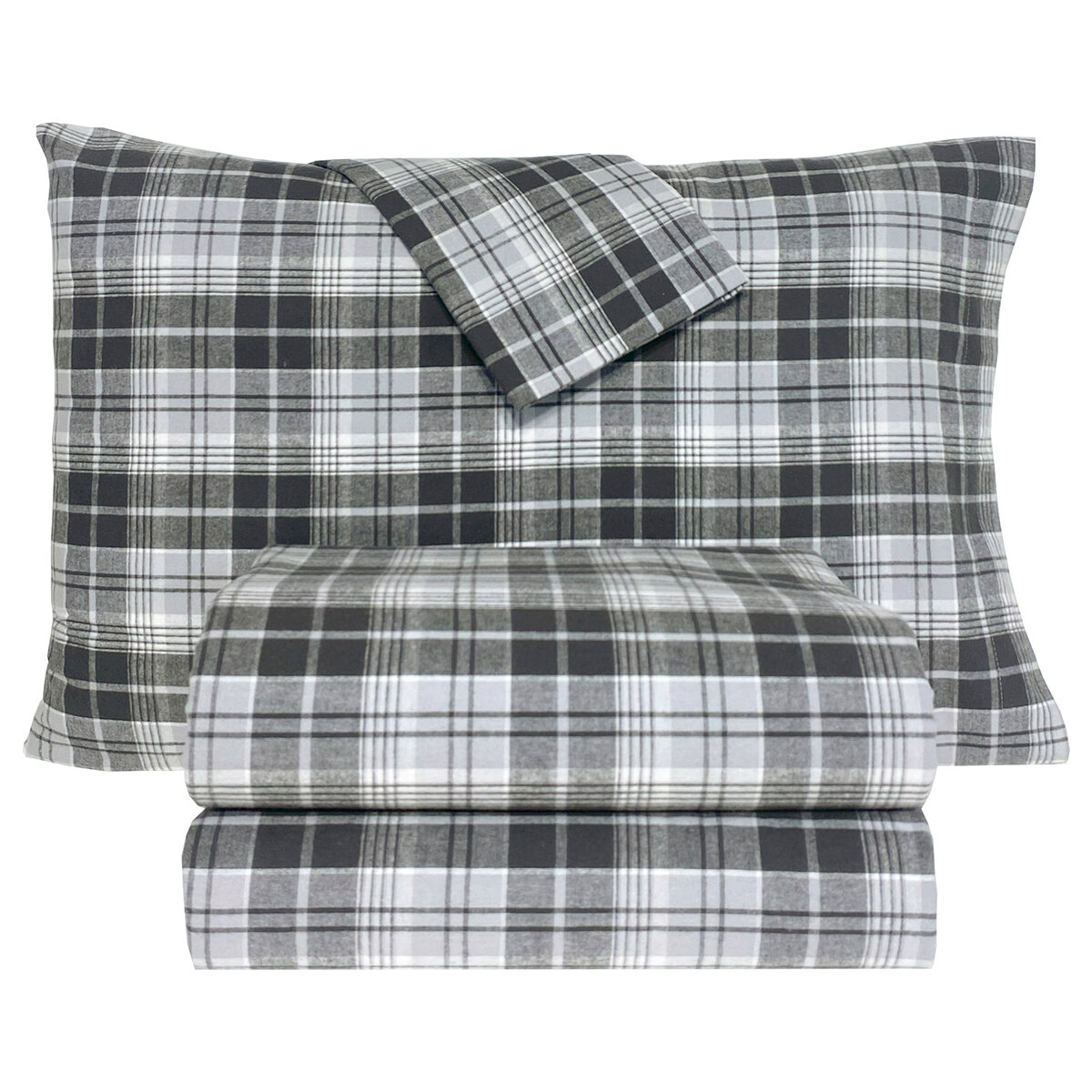 Flannel From Portugal, Juego de Sábanas de Franela, Tamaño King 4 Piezas, Gray Plaid