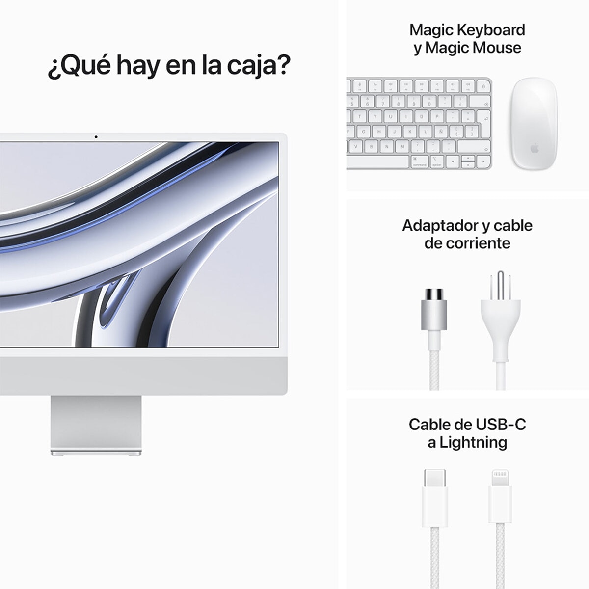 Apple iMac 24" 256GB 4.5K Chip M3 Plata CPU de 8 núcleos GPU de 10 núcleos 