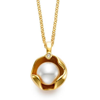 0.15ctw Collar de Perla Cultivada y Diamante, Oro Amarillo de 14kt