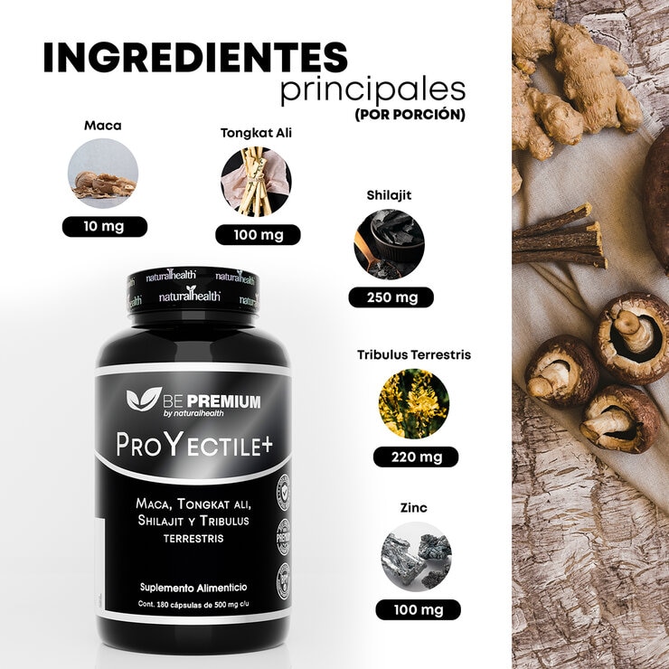 Proyectile Maca, Tongkat Ali, Shilajil y Tribulus Terrestris 180 Cápsulas