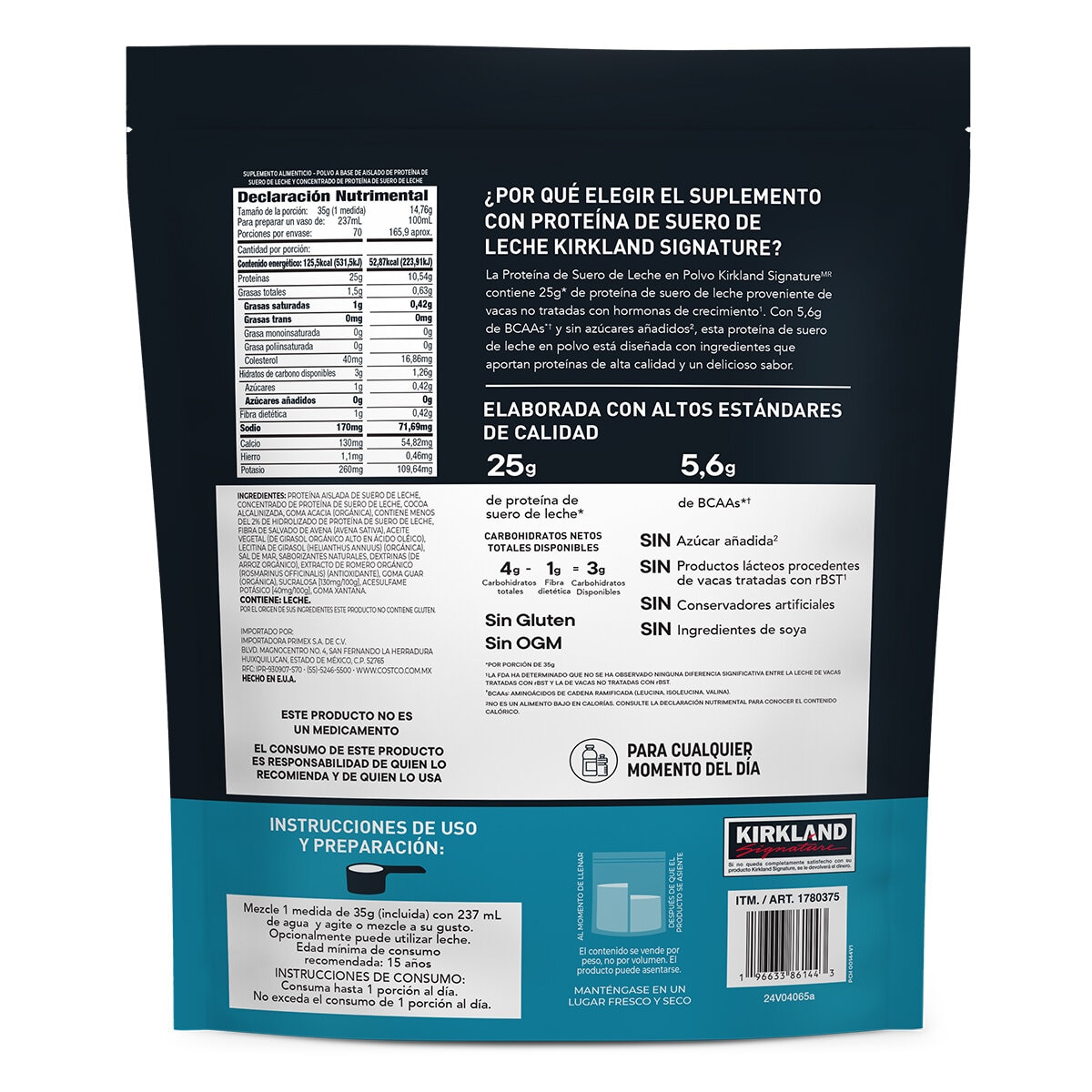 Kirkland Signature Whey Proteína de Suero de Leche en Polvo, Sabor Chocolate 2,45kg