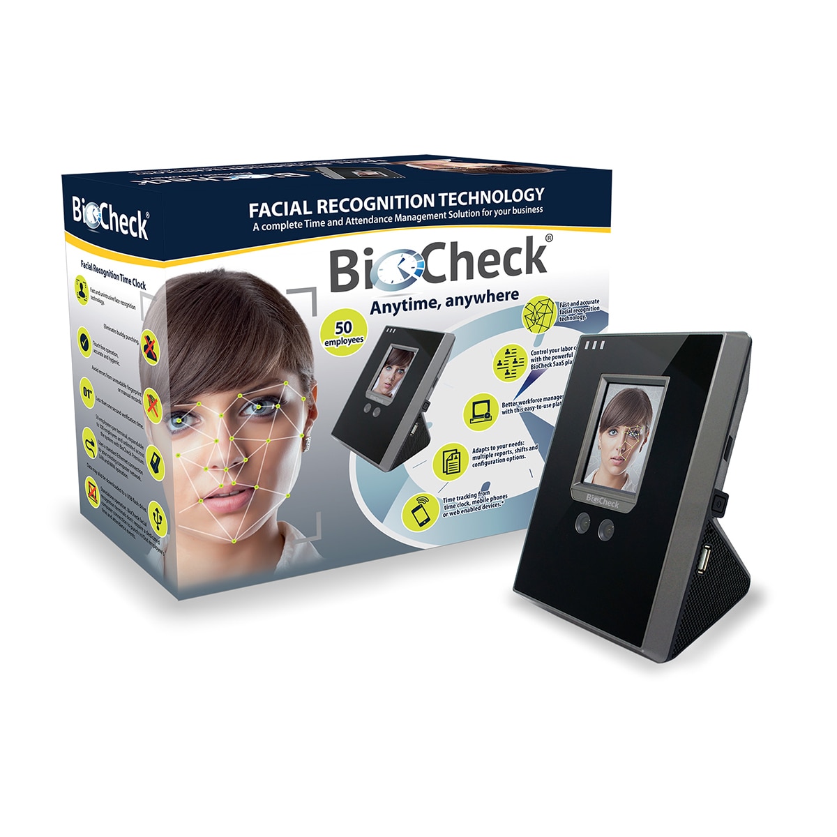 BioCheck reloj checador facial para 50 empleados