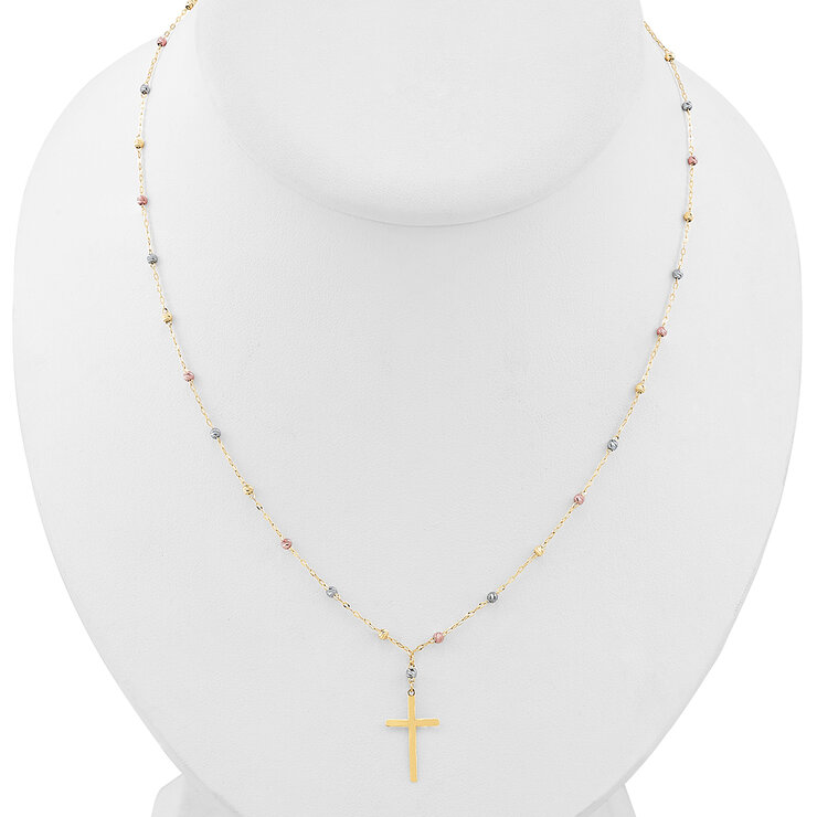 Collar, Cruz y Cadena de Tres Oros de 14K