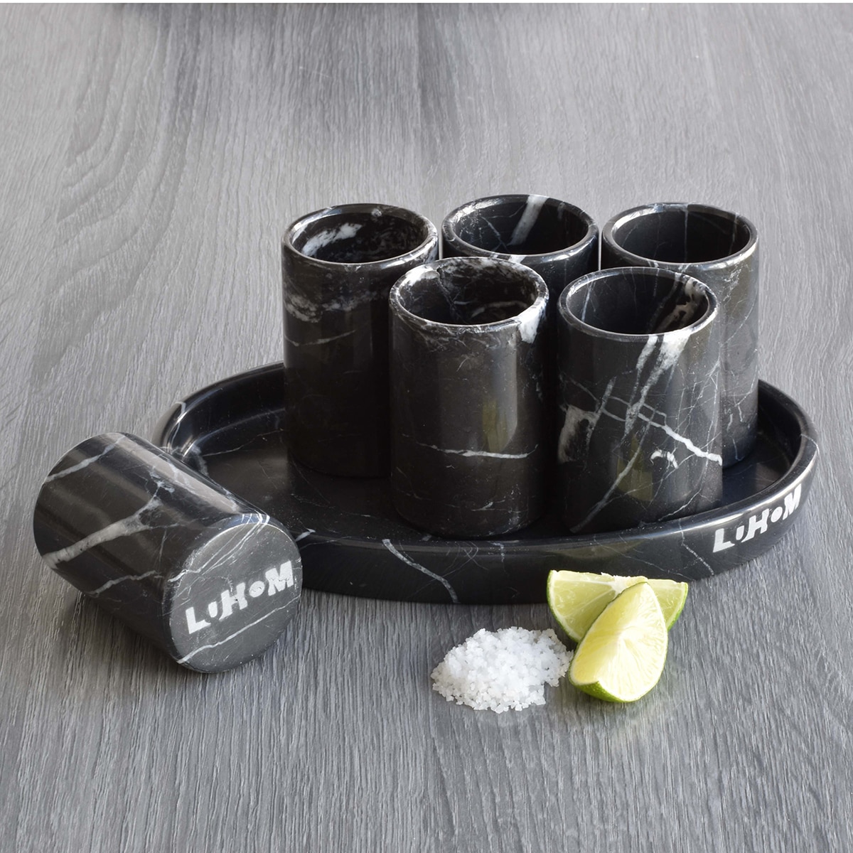 Luhom, Set de Tequileros y Base de Mármol 6 Piezas , Negro