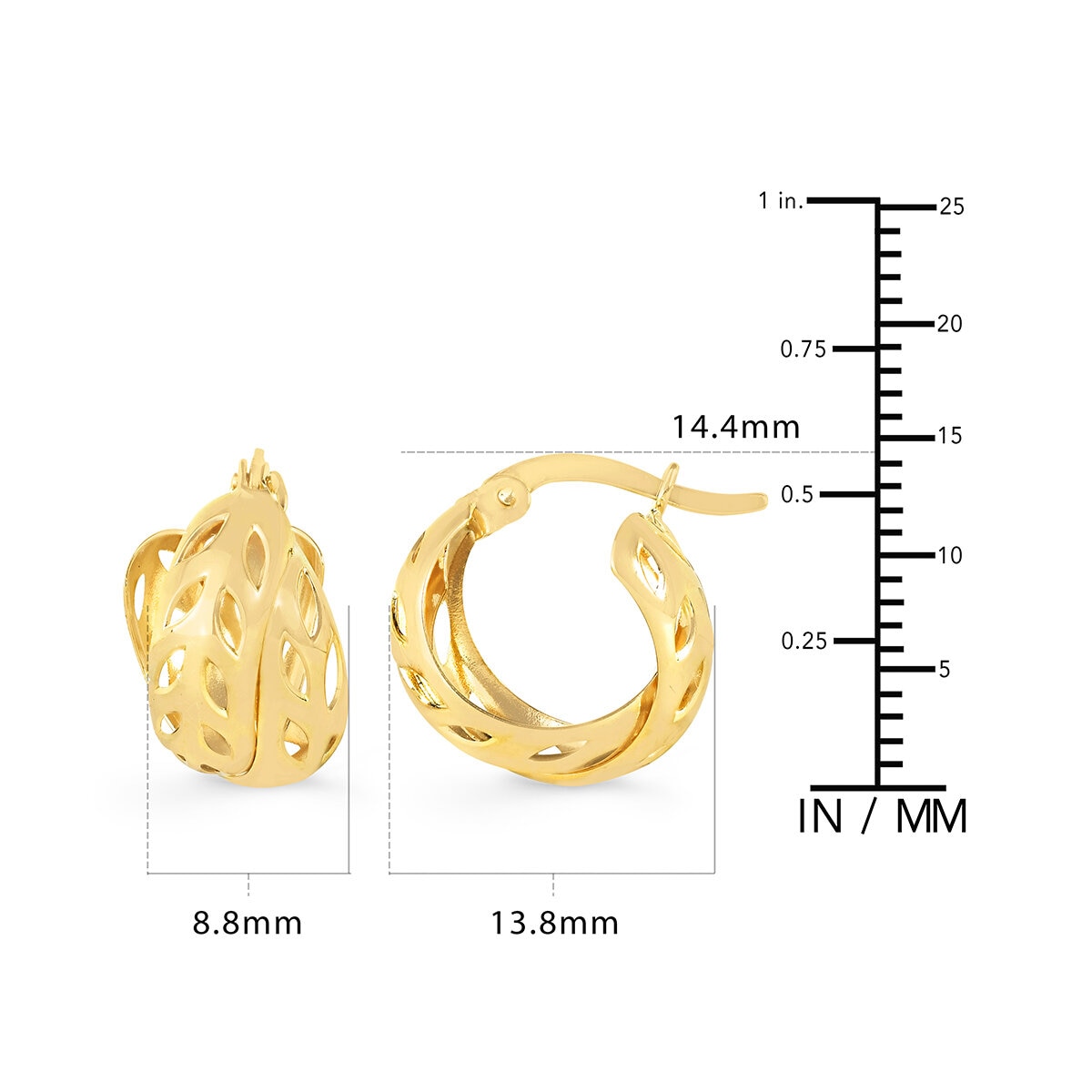 Aretes, Doble Fila con Diseno Calado, Oro Amarllo 14K Aretes, Doble Fila con Diseno Calado, Oro Amarllo 14K