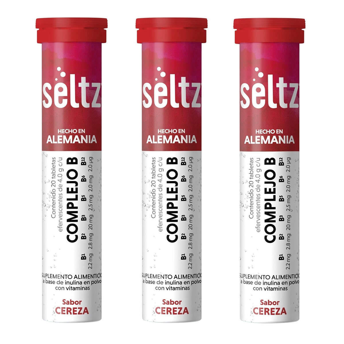 Seltz Complejo B 3 Tubos con 20 Tabletas Efervescentes c/u Sabor Cereza Seltz Complejo B 3 Tubos con 20 Tabletas Efervescentes c/u Sabor Cereza