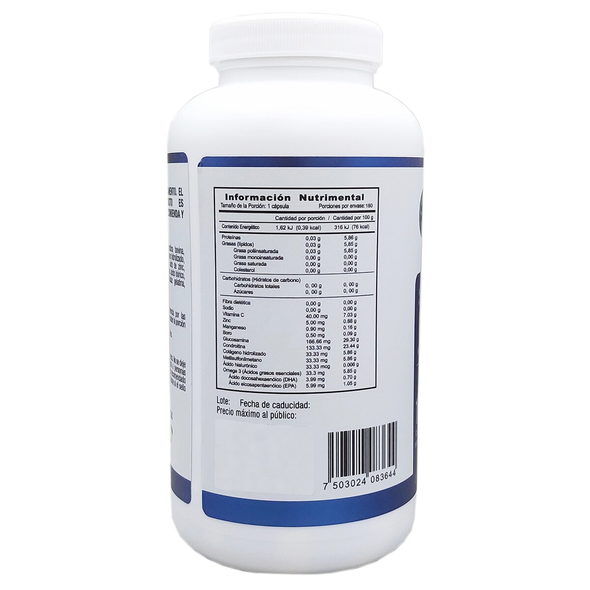 JustFX Glucosamina Condroitina, Ácido Hialurónico, Colágeo, Zinc y Boro Frasco de 180 Cápsulas