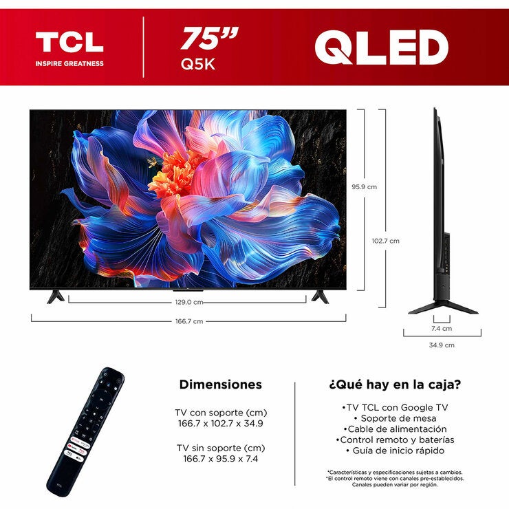 TCL Pantalla 75" QLED 4K Google TV 75Q5K
