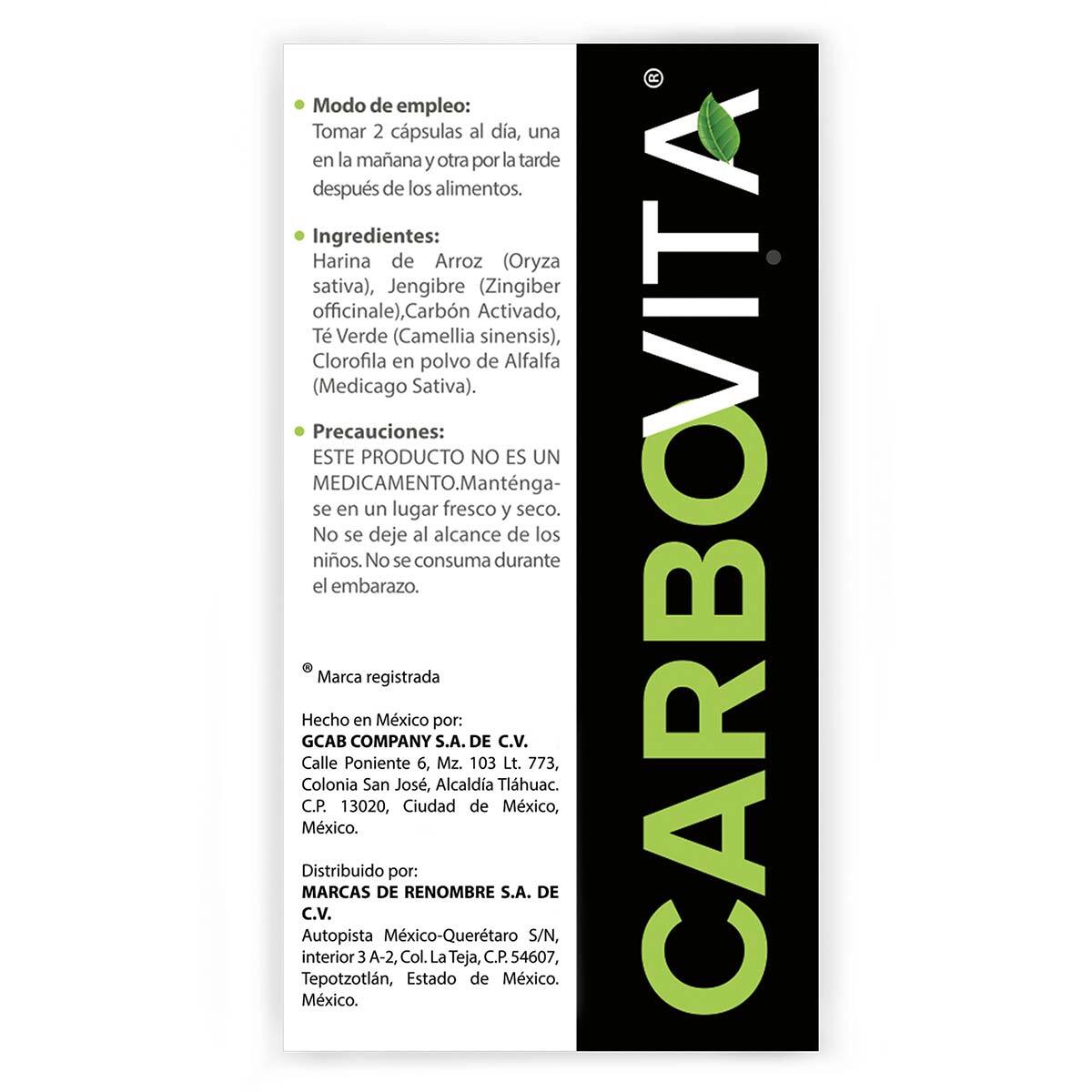 Carbovita, Carbón Activado, Jengibre, Té Verde y Clorofila 2 Frascos de 60 Cápsulas c/u