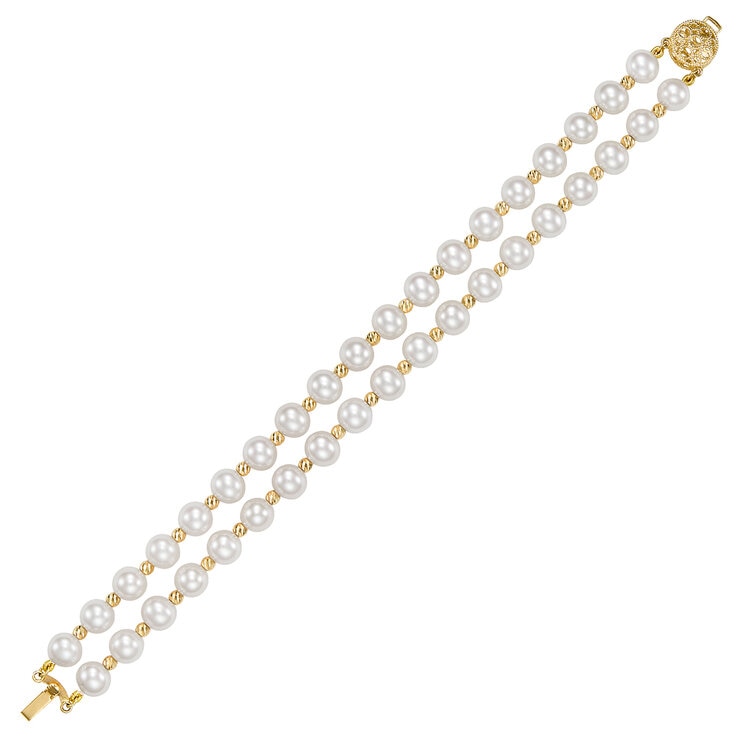 Pulsera de Perlas Cultivadas 7-8mm con Dos Filas, Oro Amarillo de 14K Pulsera de Perlas Cultivadas 7-8mm con Dos Filas, Oro Amarillo de 14K