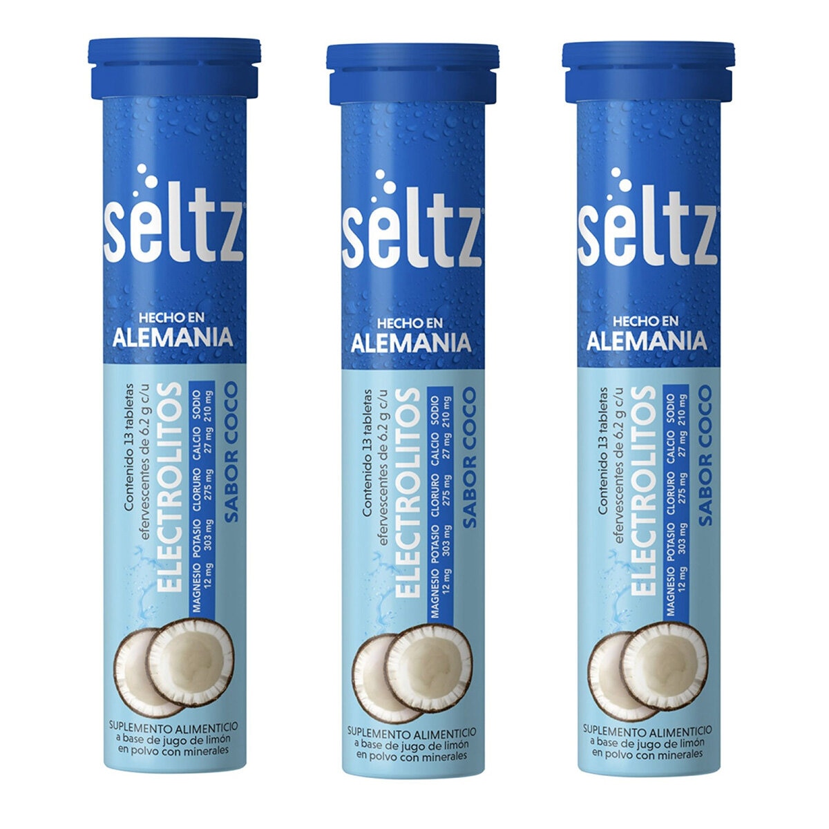 Seltz Electrolitos 3 Tubos con 13 Tabletas Efervescentes c/u Sabor Coco Seltz Electrolitos 3 Tubos con 13 Tabletas Efervescentes c/u Sabor Coco
